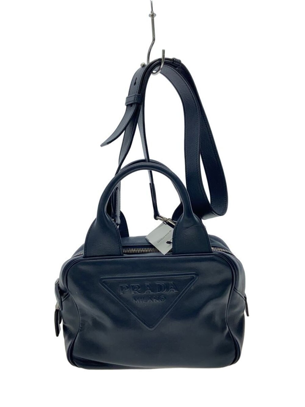 Prada Shoulder Bag Leather Navy Blue Front Handle